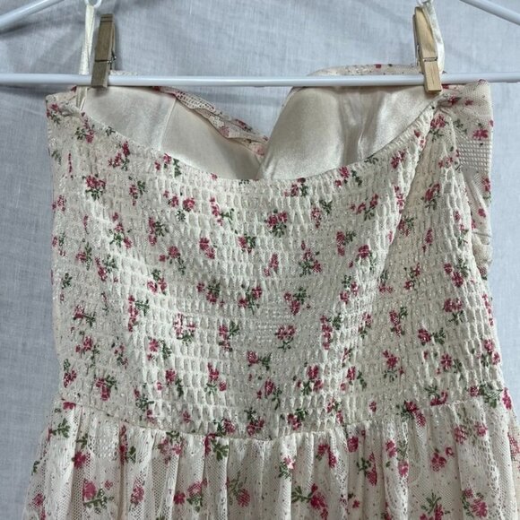 Strapless Floral Lace Midi Dress Womens S/M Smocked Bodice Cottagecore Fairy - Picture 9 of 13